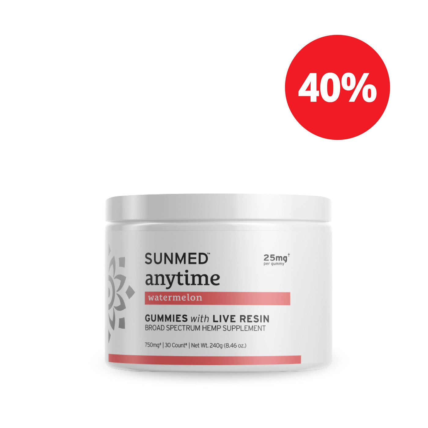White jar of Sunmed CBD Broad Spectrum CBD Anytime Gummies, Watermelon flavor, featuring a red "40%" circle in the top right corner.
