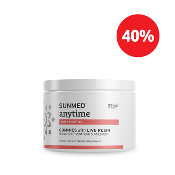 White jar of Sunmed CBD Broad Spectrum CBD Anytime Gummies, Watermelon flavor, featuring a red "40%" circle in the top right corner.