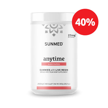 White container of Sunmed CBD Broad Spectrum CBD Anytime Gummies in Watermelon flavor, featuring a red "40%" discount label in the corner.