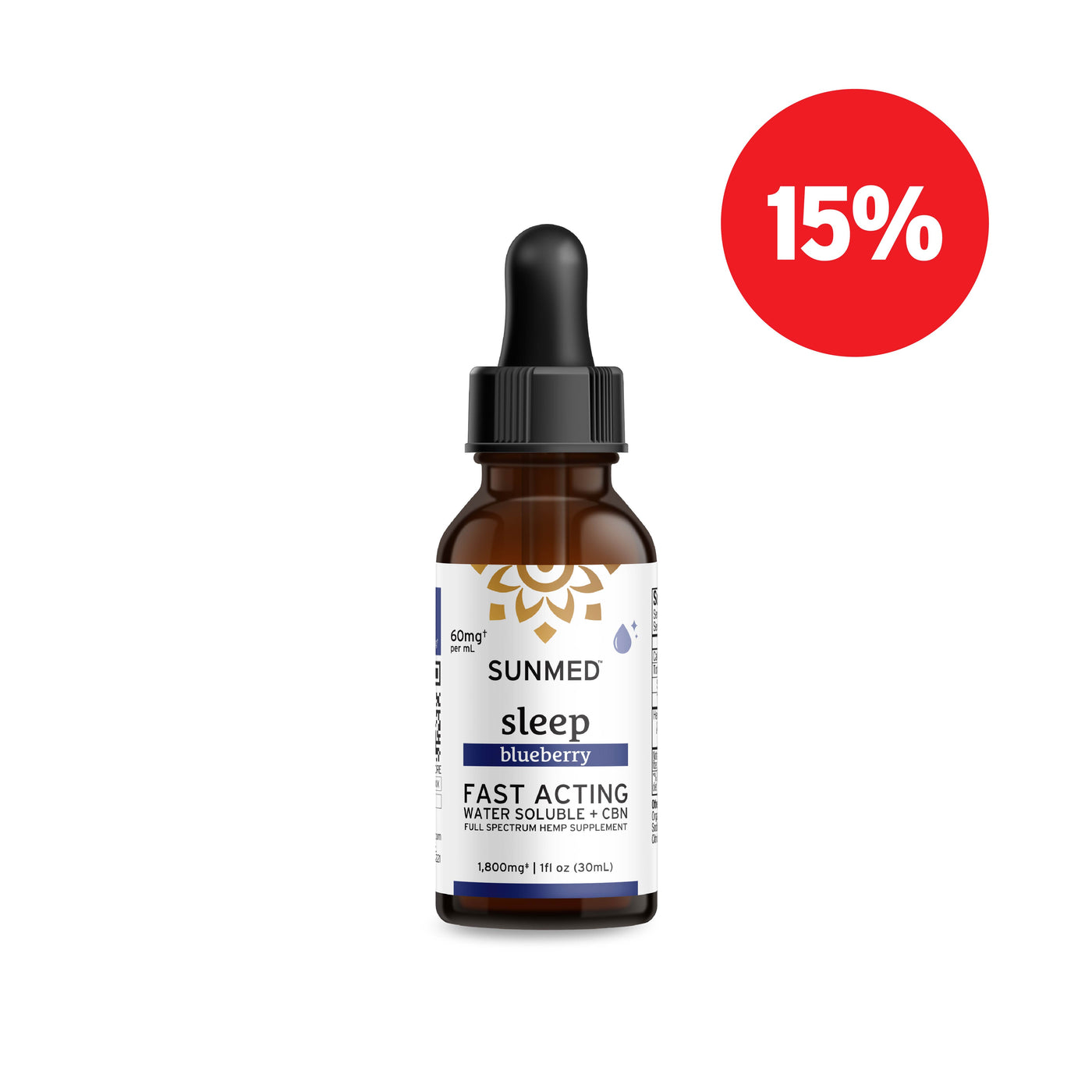 Brown dropper bottle labeled "Sunmed CBD Full Spectrum Sleep CBN Water Soluble" with a red 15% discount badge. This formula features fast-acting hemp extract and a delicious organic blueberry flavor.