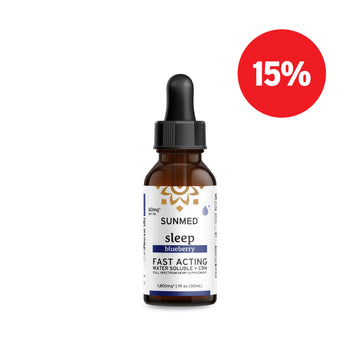Brown dropper bottle labeled "Sunmed CBD Full Spectrum Sleep CBN Water Soluble" with a red 15% discount badge. This formula features fast-acting hemp extract and a delicious organic blueberry flavor.