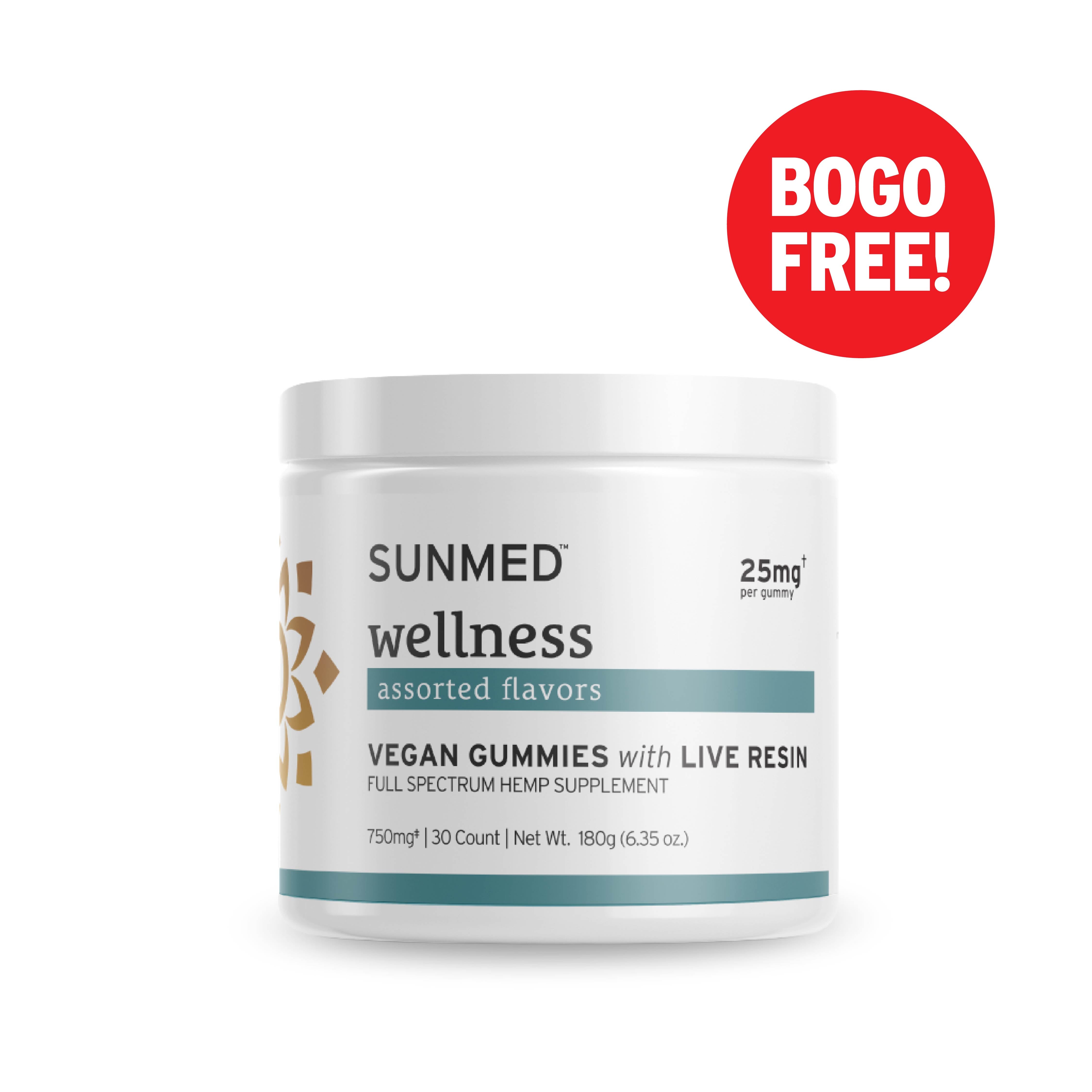 Sunmed CBD Full Spectrum Vegan Wellness CBD Gummies jar with a “BOGO FREE!” red circle on the top right, featuring premium full spectrum hemp extract for wellness.