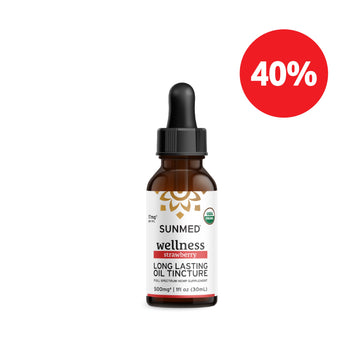 A bottle of Sunmed CBD Organic Full Spectrum CBD Tincture with a "40%" red discount label, designed for enhanced wellness.