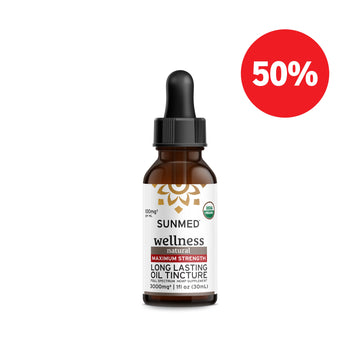 A bottle of Sunmed CBD Organic Full Spectrum CBD Tincture, crafted with premium hemp extract, is displayed with a 50% off red discount badge.
