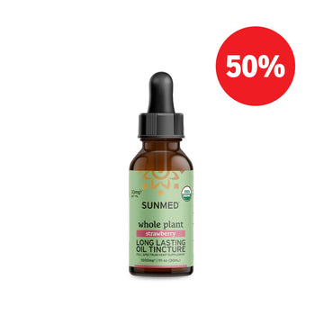 A bottle of Sunmed CBD Whole Plant Organic Full Spectrum CBD Tincture with a red circle displaying "50%" in white text.