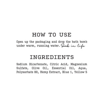 Instructions and ingredients list for Sunmed CBD Broad Spectrum Bath Bombs focusing on relaxation in life with essential oils.