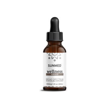 A 30ml bottle of Sunmed CBD Broad Spectrum Wellness CBD Water Soluble, containing 1200mg, with a dropper for fast-acting relief.