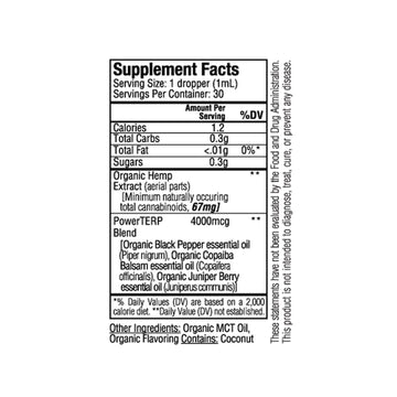 Supplement label with dosage, nutrition facts, ingredients like Sunmed CBD Whole Plant Organic Full Spectrum CBD Tincture, black pepper oil, and coconut oil.