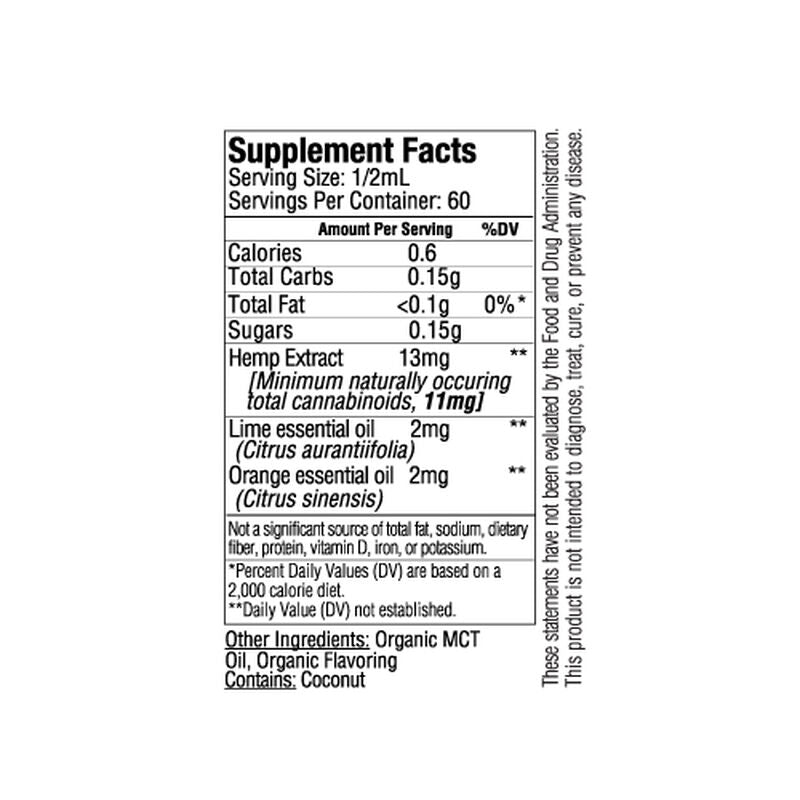 Supplement facts label for Sunmed CBD's Broad Spectrum Rise CBG Citrus Tincture, detailing nutrients, essential oils, ingredients, and serving sizes.