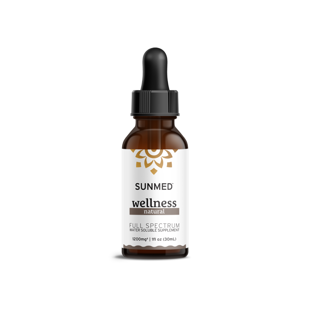 A brown bottle of Sunmed CBD Full Spectrum Wellness CBD Water Soluble with a dropper lid, crafted from organic hemp.