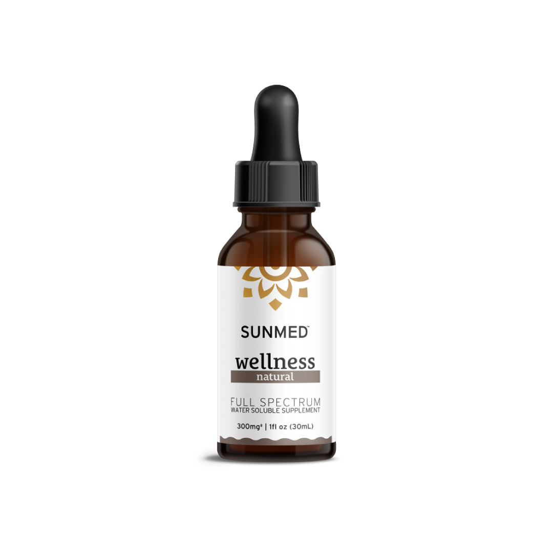 A small brown bottle labeled "Sunmed CBD Full Spectrum Wellness Water Soluble," with a dropper cap, containing 300mg/1 fl oz (30ml) of organic hemp extract.