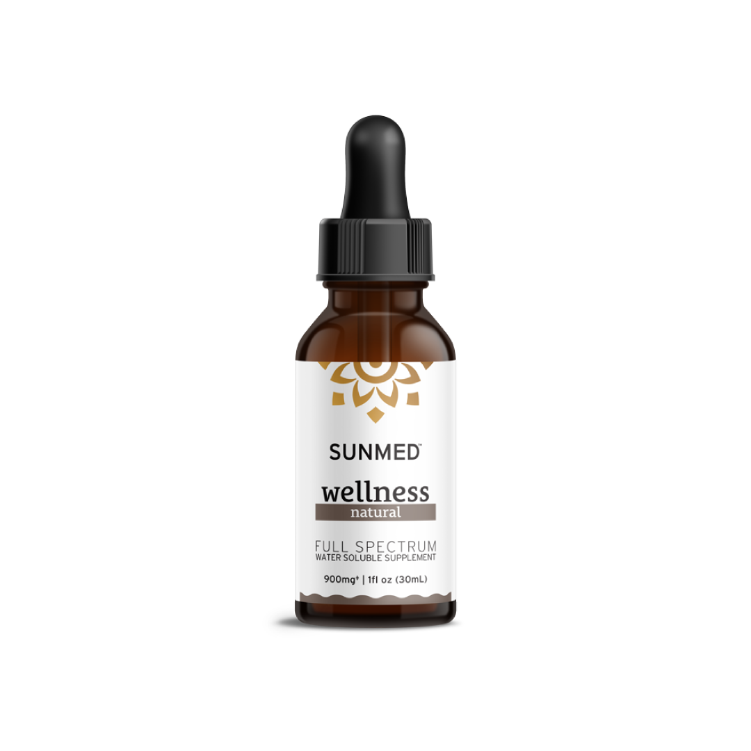 A brown dropper bottle labeled "SunMed CBD Full Spectrum Wellness CBD Water Soluble, 900mg, 1 fl oz (30ml)" made from organic hemp.