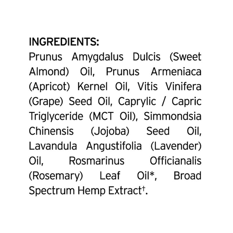 The Broad Spectrum CBD-Infused Massage Oil by Sunmed CBD boasts an ingredients list featuring a variety of nurturing oils such as sweet almond, apricot, grape seed, MCT, jojoba, lavender, rosemary, and hemp extract—ideal for a nourishing massage with the benefits of broad-spectrum CBD.