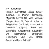The Broad Spectrum CBD-Infused Massage Oil by Sunmed CBD boasts an ingredients list featuring a variety of nurturing oils such as sweet almond, apricot, grape seed, MCT, jojoba, lavender, rosemary, and hemp extract—ideal for a nourishing massage with the benefits of broad-spectrum CBD.