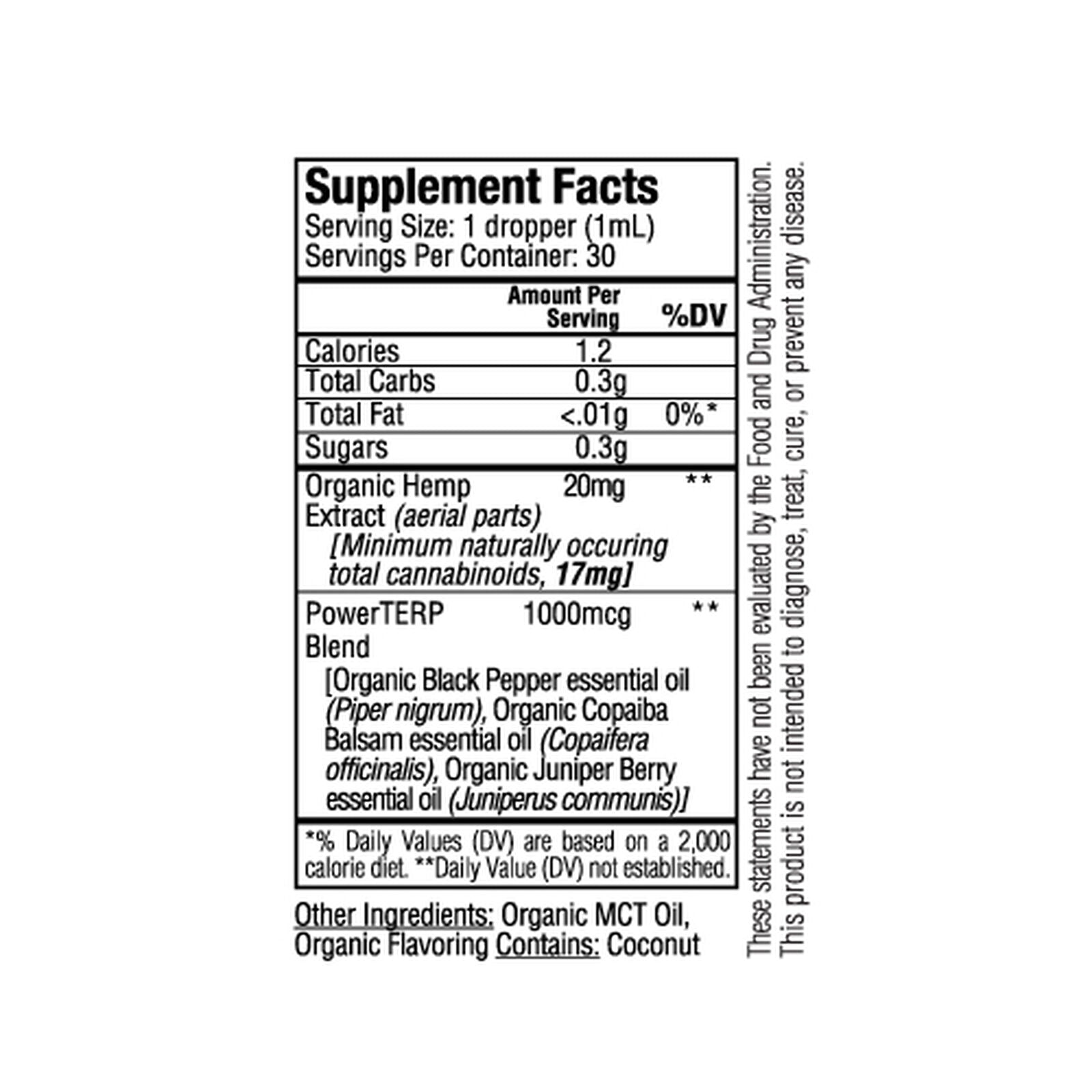 Supplement Facts label for Organic Broad Spectrum CBD Tincture, listing calories, fats, sugars, ingredients, and PowerTERP blend components. This Sunmed CBD supplement is created using organic practices to ensure purity and potency.