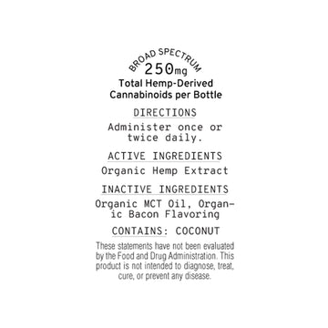 Label reading "Sunmed CBD Broad Spectrum CBD Pet Tinctures - 250mg Broad Spectrum Cannabinoids. Directions: Administer once or twice daily. Active & Inactive Ingredients listed for optimal pet well-being.