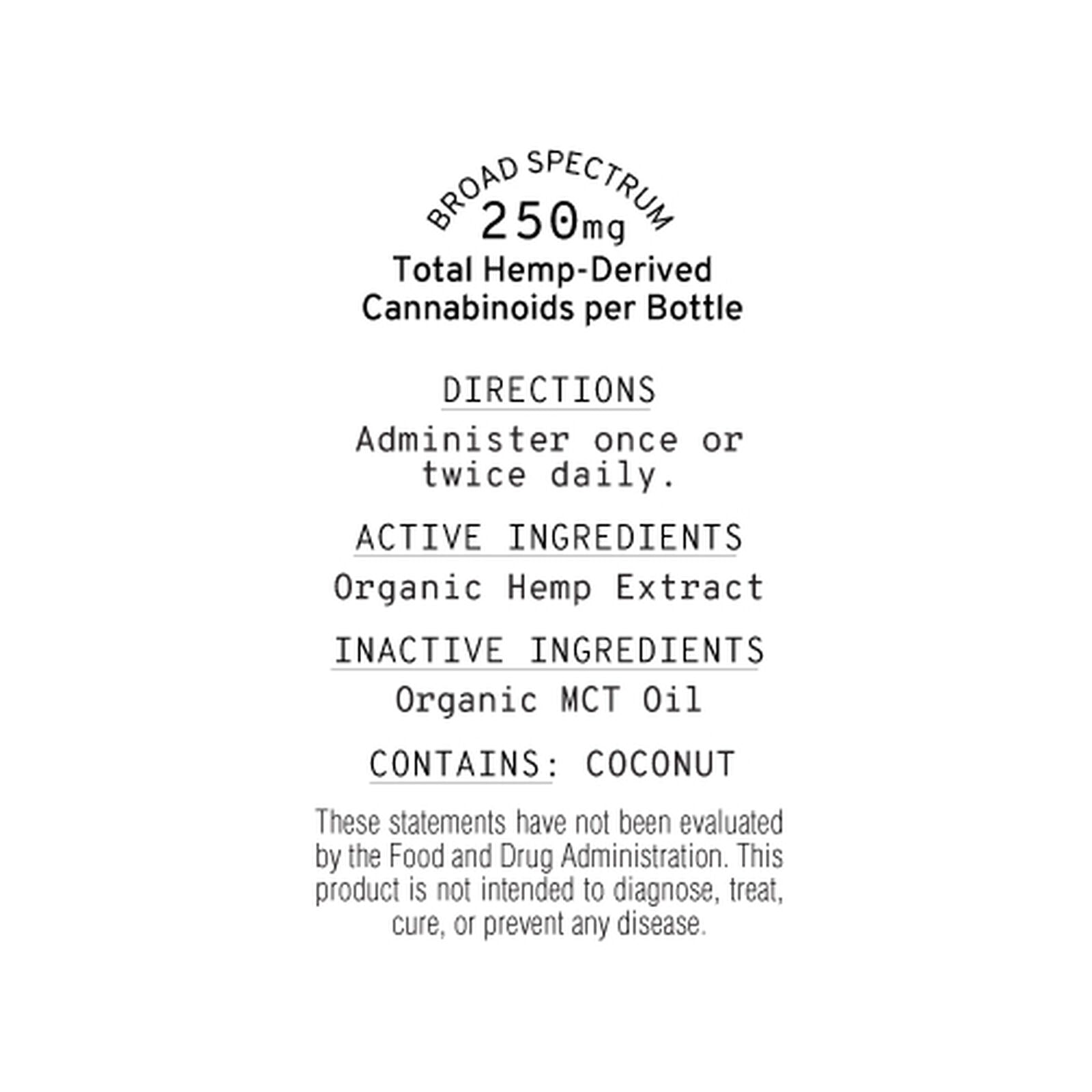 Label of Sunmed CBD's Broad Spectrum CBD Pet Tinctures, featuring 250mg total hemp-derived cannabinoids per bottle. Contains organic hemp extract and MCT oil to support pet well-being.