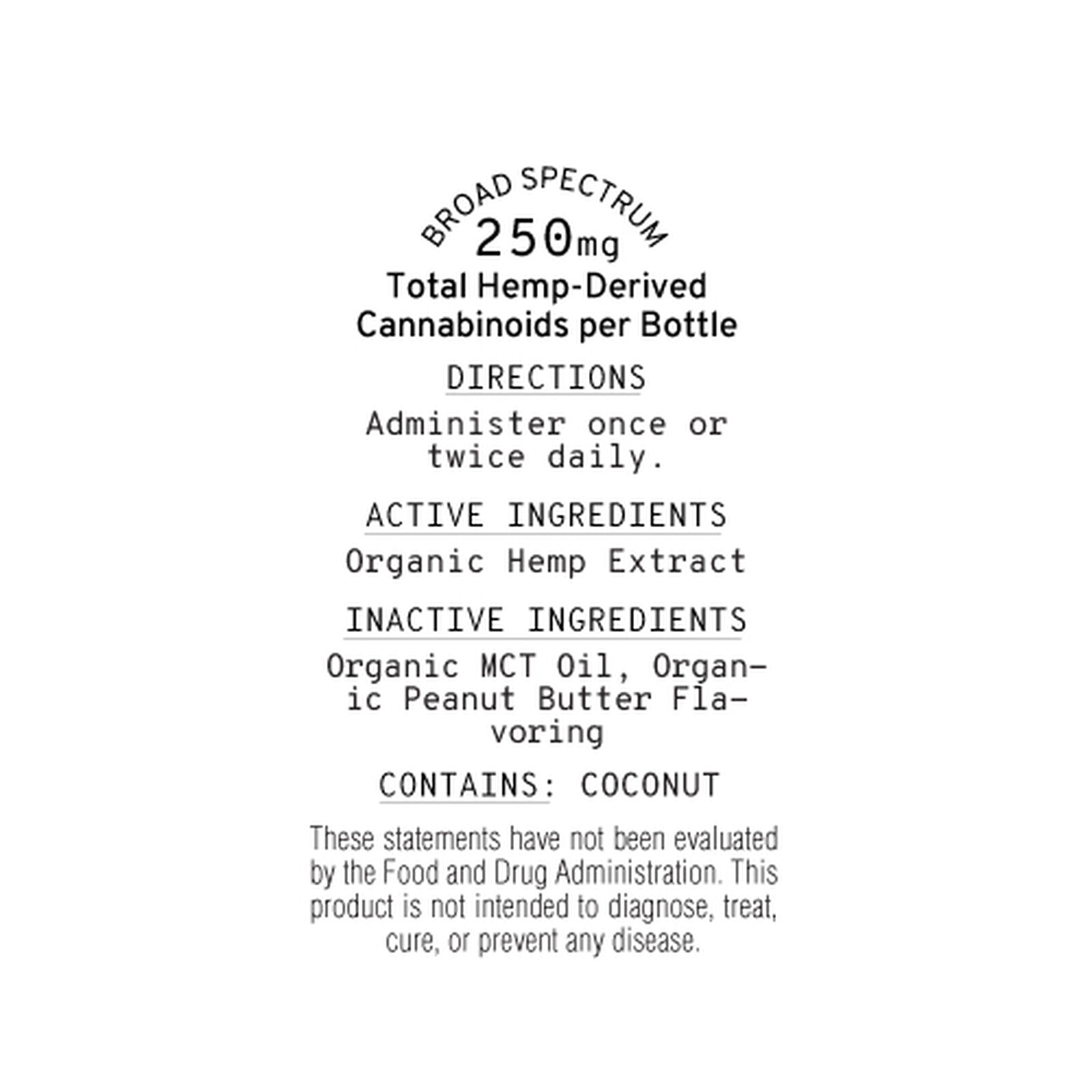 Label of a Sunmed CBD Broad Spectrum CBD Pet Tinctures product showing dosage instructions, ingredients including coconut, and an FDA disclaimer. Promotes pet well-being with organic CBD.