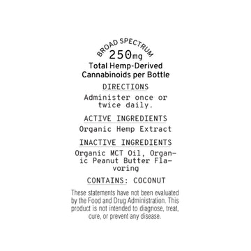 Label of a Sunmed CBD Broad Spectrum CBD Pet Tinctures product showing dosage instructions, ingredients including coconut, and an FDA disclaimer. Promotes pet well-being with organic CBD.