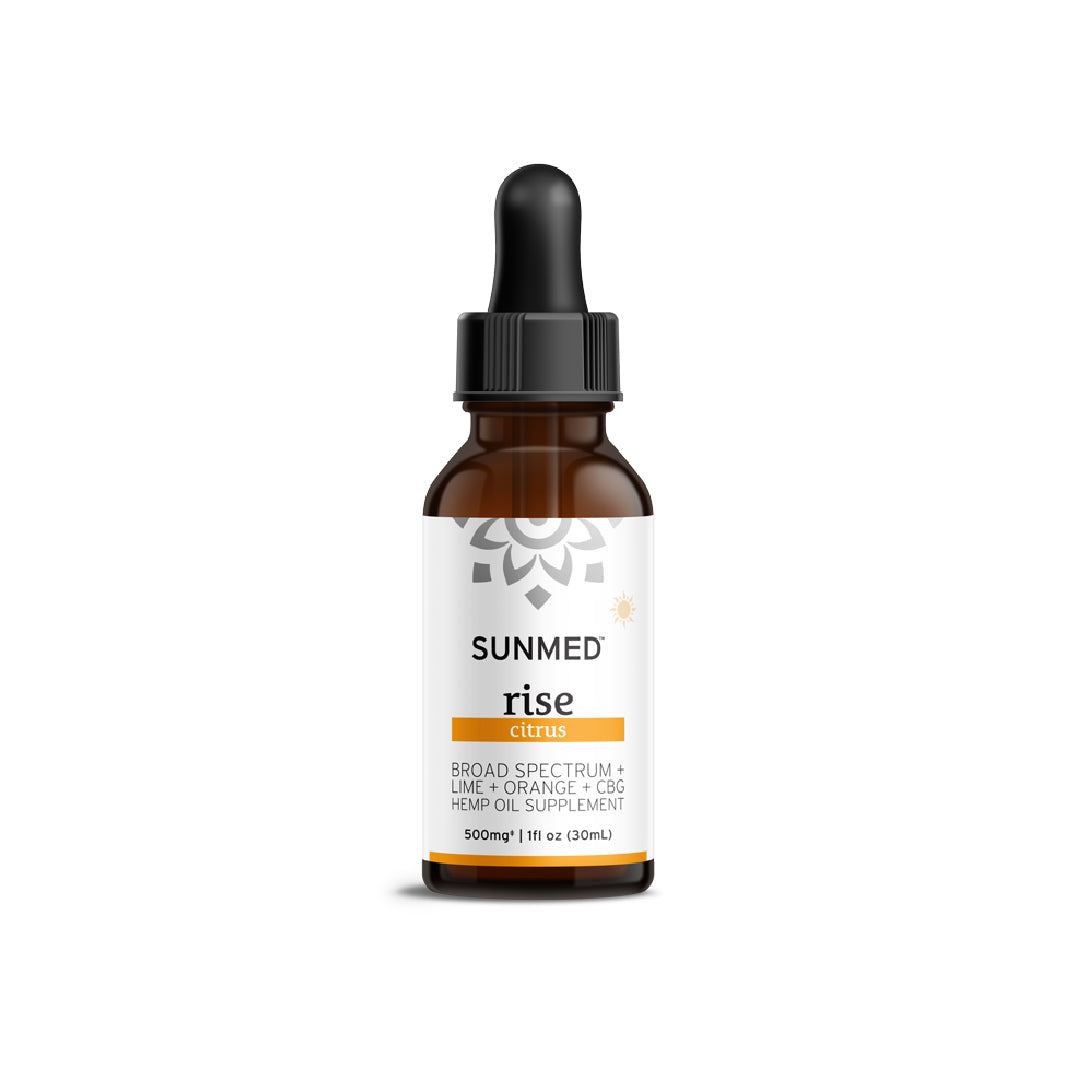 A bottle of Sunmed CBD's Broad Spectrum Rise CBG Citrus Tincture with a black dropper cap and white label.