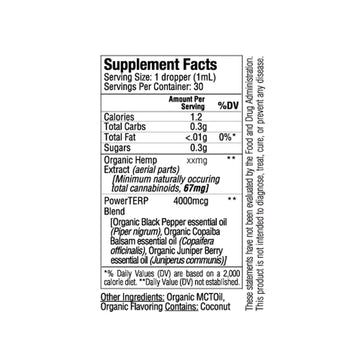 Supplement Facts label for Sunmed CBD Whole Plant Organic Full Spectrum CBD Tincture with PowerTERP Blend and a variety of essential oils. Includes servings, ingredients, calories, and warnings.