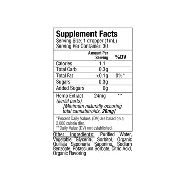 Supplement facts label displaying nutritional information for a 1 mL serving of Broad Spectrum Wellness CBD Water Soluble by Sunmed CBD, detailing calories, carbs, fat, and sugars.