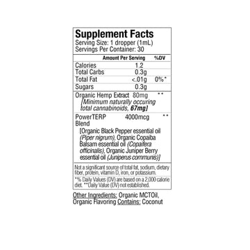 Supplement Facts label for the Sunmed CBD Organic Full Spectrum CBD Tincture, featuring an organic hemp extract and essential oils with the PowerTERP™ blend. Includes calorie and fat content.