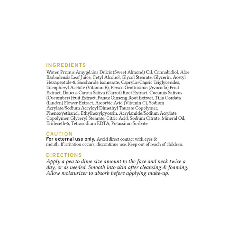 Close-up of a product label listing ingredients, caution instructions, and application directions for Sunmed CBD Broad Spectrum Ageless Moisturizer with anti-aging benefits.