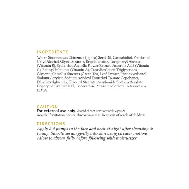 Sunmed CBD's Broad Spectrum Nighttime Ageless Serum label features an ingredient list highlighting its broad-spectrum CBD and all-natural components, along with cautionary information and directions for use, all presented in black font on a white background.