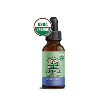 A bottle of Sunmed CBD Whole Plant Organic Full Spectrum CBD Tincture in blueberry flavor, featuring a USDA Organic seal.