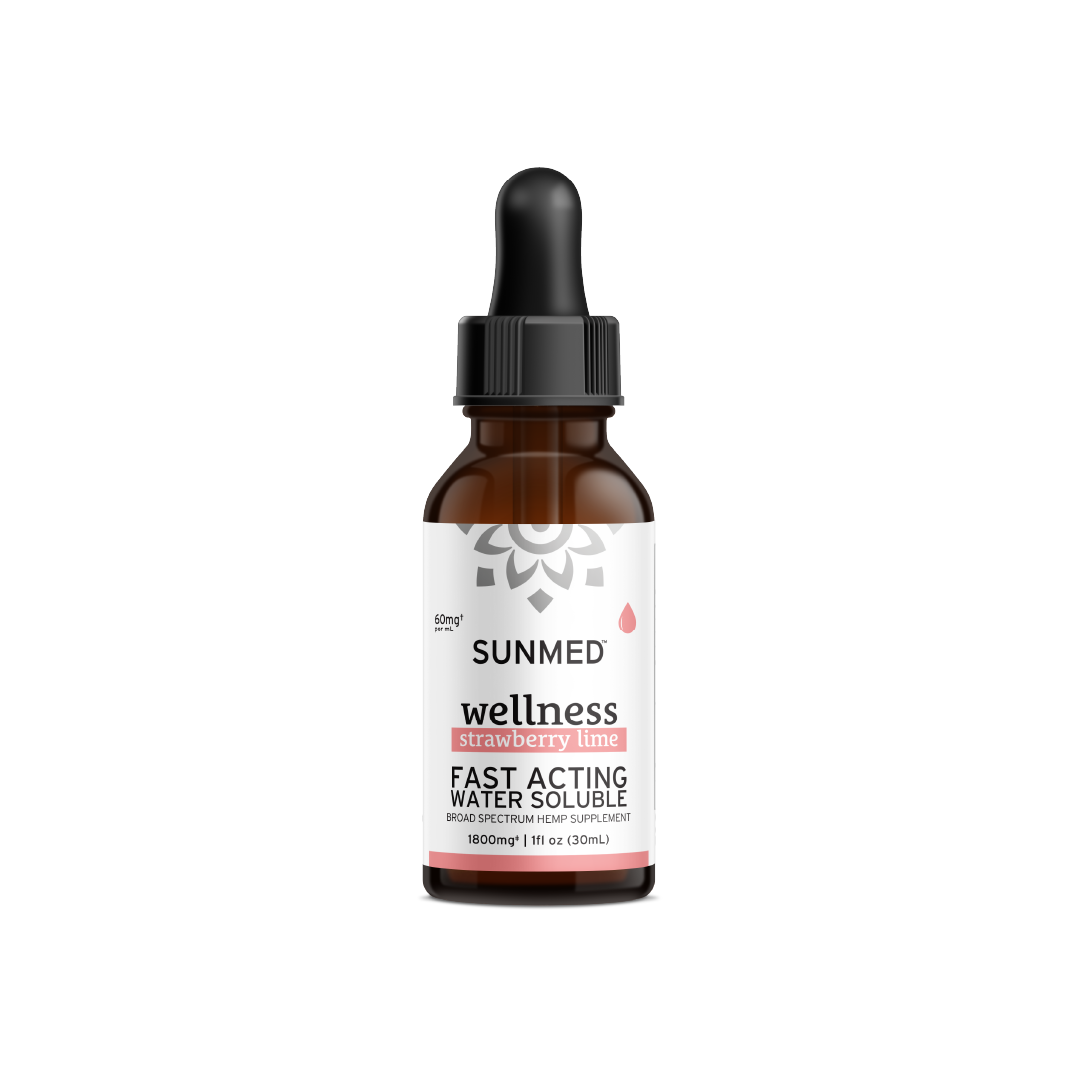 A 60ml bottle of Full Spectrum Wellness CBD Water Soluble by Sunmed CBD, strawberry lime flavor, containing 1500mg of organic hemp supplement.