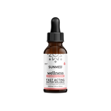 A 60ml brown bottle labeled "Broad Spectrum Wellness CBD Water Soluble" by Sunmed CBD, with a dropper cap, featuring Broad Spectrum CBD for fast-acting relief in a Strawberry Lime flavor.