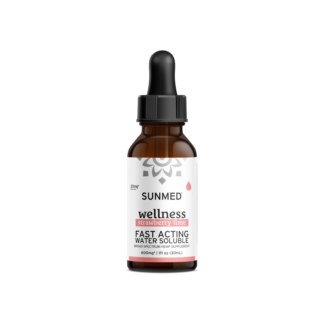 A brown bottle of Sunmed CBD Full Spectrum Wellness CBD Water Soluble supplement with a dropper cap and strawberry lime flavor, derived from full spectrum organic hemp.