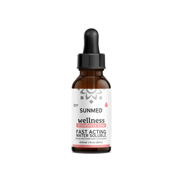 A brown bottle of Sunmed CBD Broad Spectrum Wellness CBD Water Soluble in strawberry lime flavor, equipped with a dropper lid.