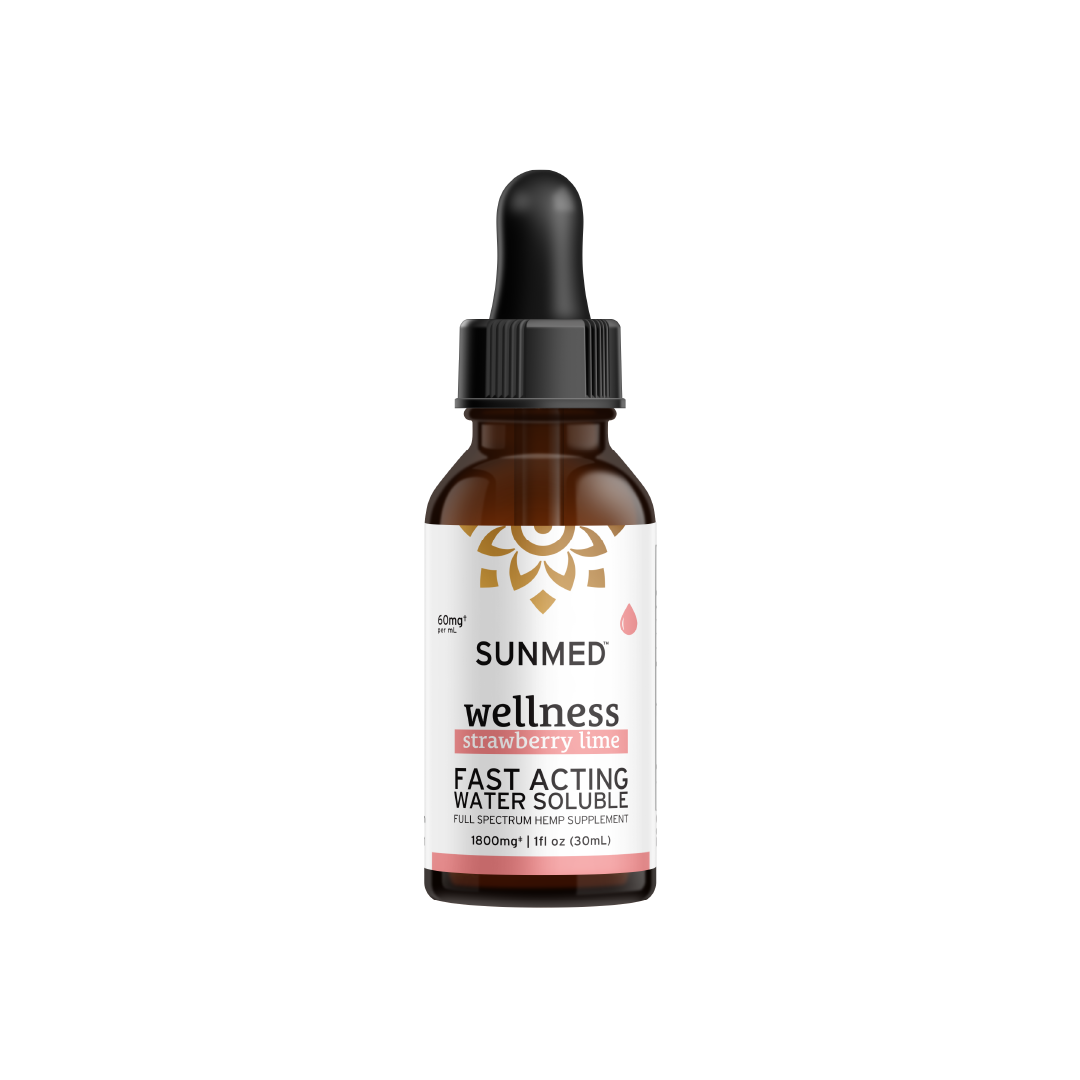 A 30ml bottle of Sunmed CBD's Full Spectrum Wellness CBD Water Soluble in strawberry lime flavor, featuring a dropper cap and enhanced with full spectrum organic hemp.