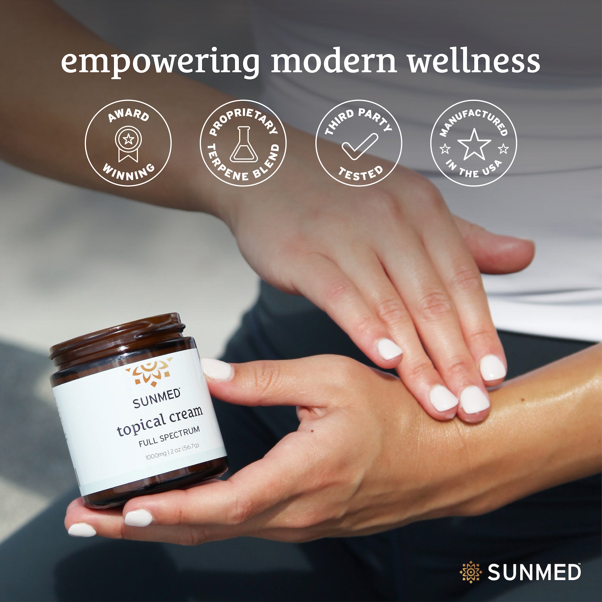 Close-up of a person applying SunMed CBD's award-winning Full Spectrum Relief CBD Cream, with icons emphasizing third-party testing and USA-made quality.