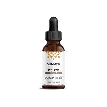 A bottle of Full Spectrum Neuro CBD Water Soluble supplement by Sunmed CBD, featuring a dropper lid, crafted to deliver fast-acting calm and support your mental well-being.