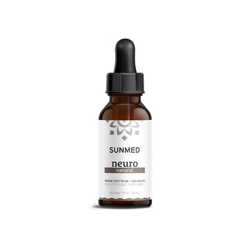 A Sunmed CBD Broad Spectrum Neuro CBD Water Soluble supplement bottle with a dropper lid, labeled "Broad Spectrum + CBG Neuro, 900mg, 1 fl oz (30ml)," boasts fast-acting calm focus through broad spectrum Neuro CBD.