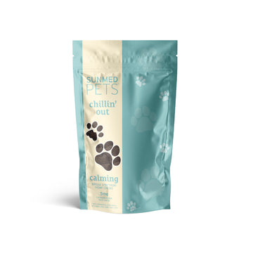 A teal and beige bag labeled "Sunmed CBD Broad Spectrum Chillin’ Out CBD Pet Chews" with paw prints on the packaging, featuring broad spectrum hemp extract for pet relaxation.