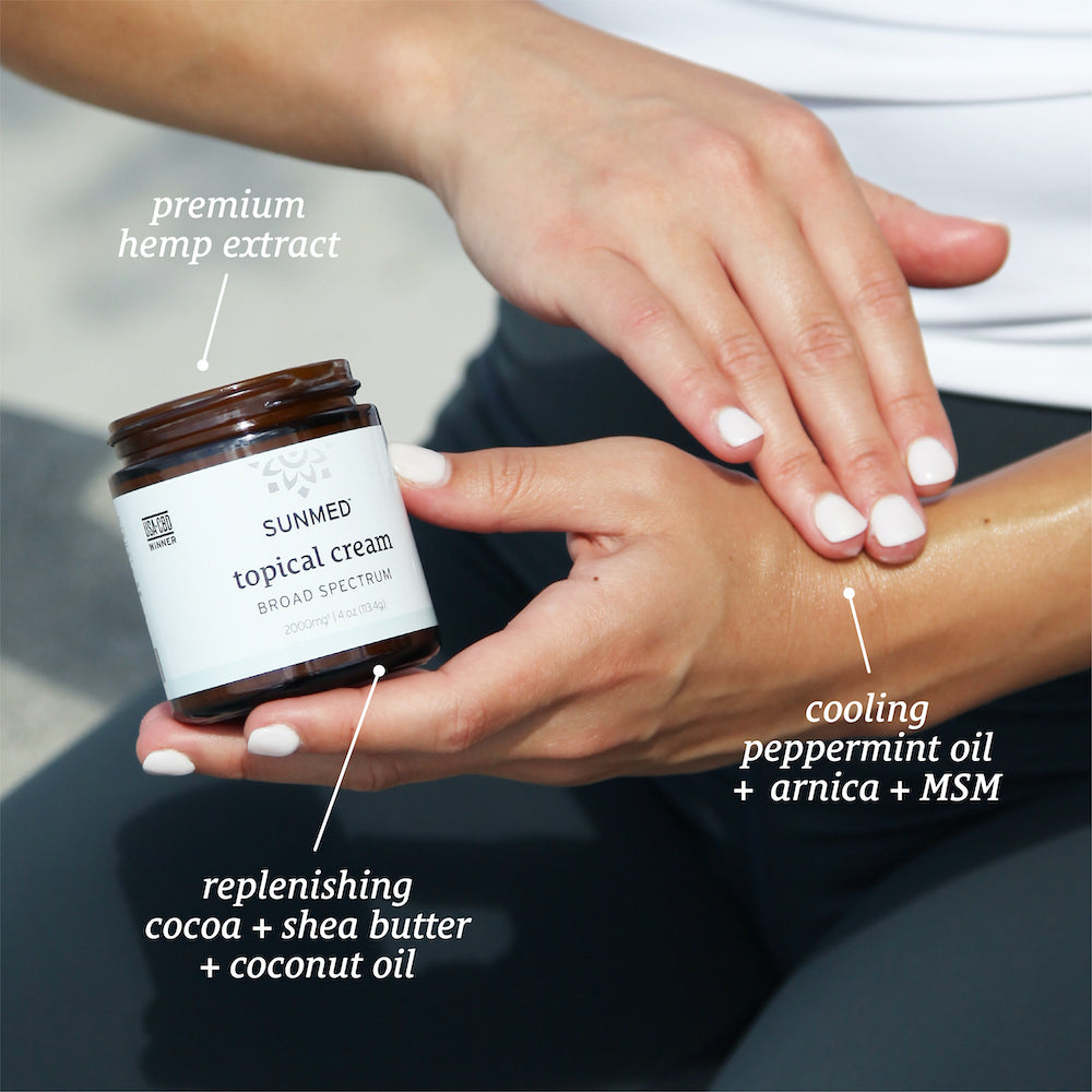 A person applying Sunmed CBD's Broad Spectrum Relief CBD Cream with premium hemp extract, cooling peppermint oil, and replenishing cocoa and shea butter for natural relief.