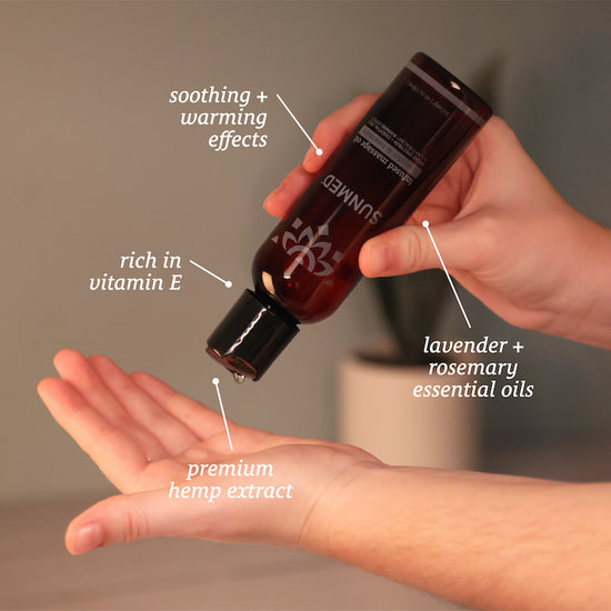 Hand applying Sunmed CBD's Broad Spectrum CBD-Infused Massage Oil, a luxurious blend featuring premium hemp extract, lavender and rosemary essential oils, and rich vitamin E for soothing effects.