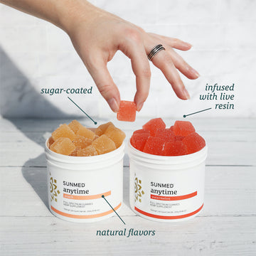 A hand holding a CBD gummy from one of two jars labeled "Sunmed CBD Full Spectrum Anytime," with text pointing to the features of these premium hemp extract gummies.