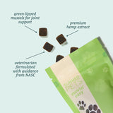 Sunmed CBD's Broad Spectrum Movin’ Easy Relief CBD Pet Chews come in a green pet treat pouch and offer benefits such as joint support from green-lipped mussels and premium, veterinarian-formulated hemp extract.