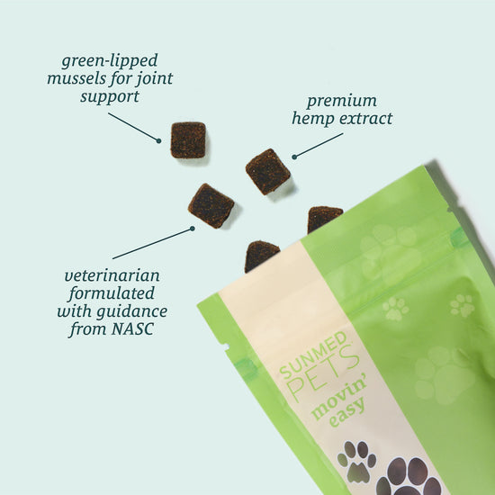 Sunmed CBD's Broad Spectrum Movin’ Easy Relief CBD Pet Chews come in a green pet treat pouch and offer benefits such as joint support from green-lipped mussels and premium, veterinarian-formulated hemp extract.