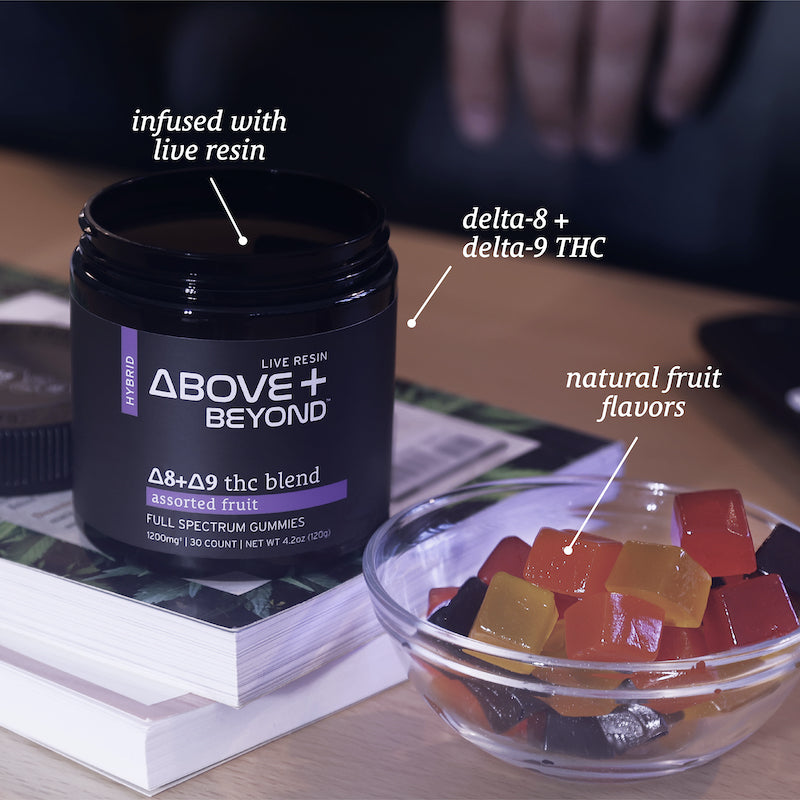 A jar of Sunmed CBD's Above + Beyond Live Resin CBD Gummies sits on a table next to a bowl of colorful gummies, prominently displaying its product features.