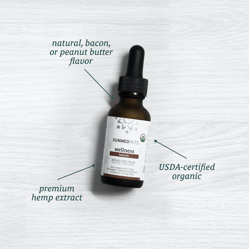 A bottle of Sunmed CBD's Broad Spectrum CBD Pet Tinctures, labeled USDA-certified organic, comes in natural, bacon, or peanut butter flavor to promote pet well-being.