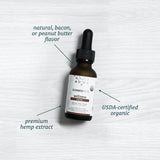 A bottle of Sunmed CBD's Broad Spectrum CBD Pet Tinctures, labeled USDA-certified organic, comes in natural, bacon, or peanut butter flavor to promote pet well-being.