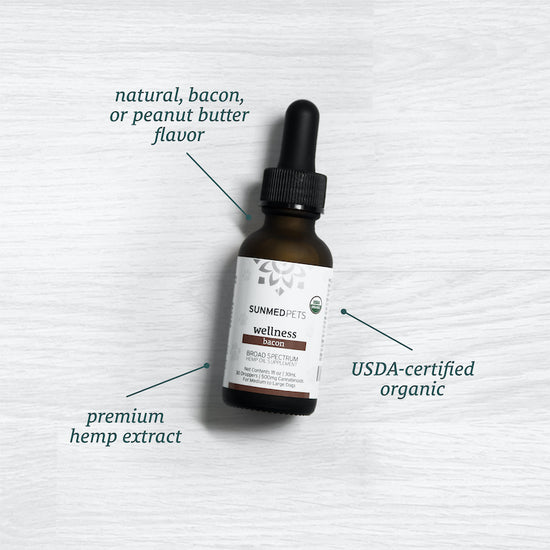 A bottle of Sunmed CBD's Broad Spectrum CBD Pet Tinctures, labeled USDA-certified organic, comes in natural, bacon, or peanut butter flavor to promote pet well-being.